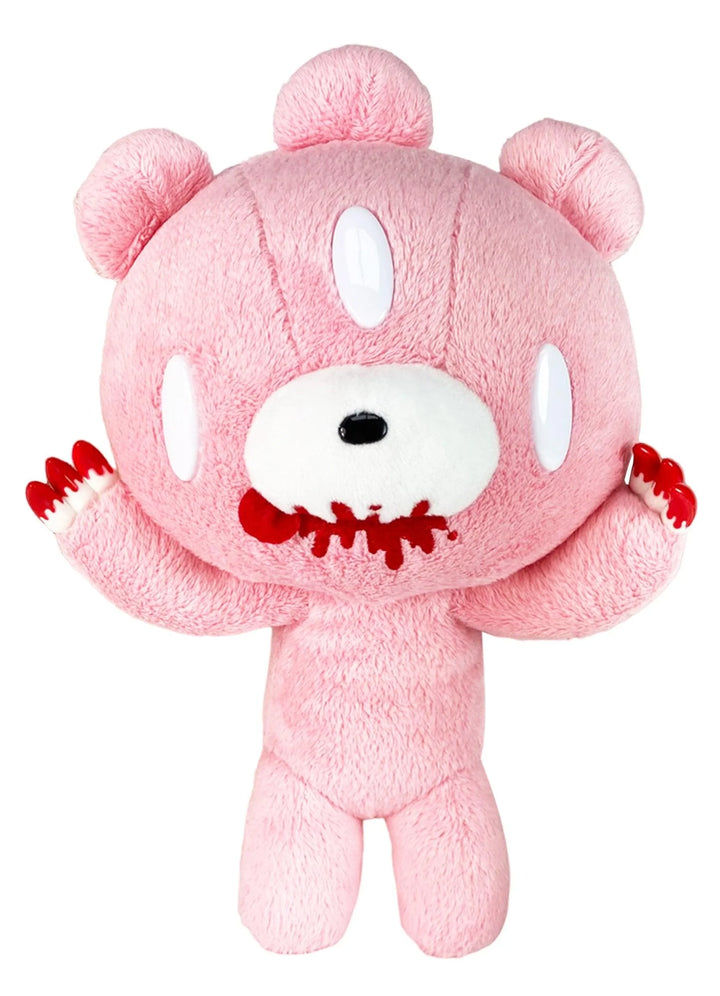 Pink plush bear toy with three white eyes and red blood accents and tongue out on a white background
