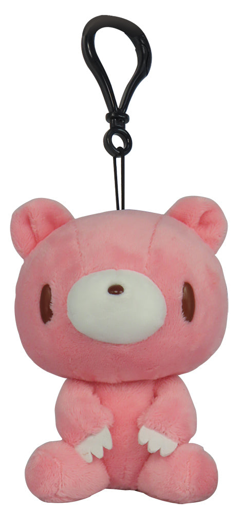Pink plush toy with a keychain clip on a white background