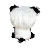 A fluffy panda costume headpiece or hat with a large white faux-fur body and black ear and paw accents, shown against a plain white background.