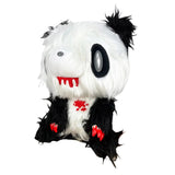 A horror-themed plush panda toy with white and black fur, a single large black eye, dripping red blood from its mouth, and red blood splatters on its chest and paws, isolated on a white background.