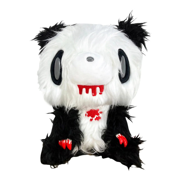 A plush panda toy with black and white fur, large black eyes, a red dripping mouth, and red claw details, isolated on a white background.