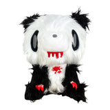 A plush panda toy with black and white fur, large black eyes, a red dripping mouth, and red claw details, isolated on a white background.