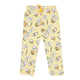 Yellow and white striped pajama pants with Gudetama character pattern on a white background