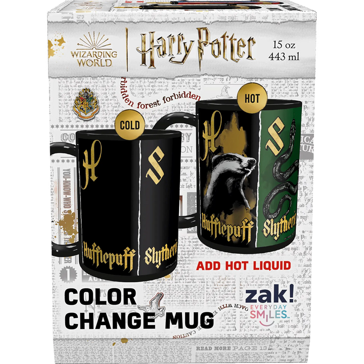 Harry Potter color change mug in its retail packaging, showing both the cold black state and the hot green state of the mug with gold Slytherin details.