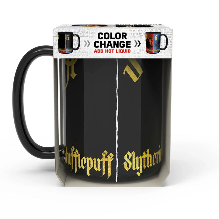 Color-changing mug with 'Hufflepuff' and 'Slytherin' text in packaging