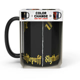 Color-changing mug with 'Hufflepuff' and 'Slytherin' text in packaging