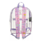 Back of Clear backpack with pink and purple straps and Hello kitty Sanrio characters design on a white background