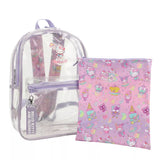 Clear backpack with pink pouch featuring Hello Kitty and friends on a white background