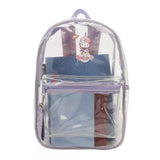 Hello Kitty and Friends Clear backpack with purple accents containing stationery items on a white background