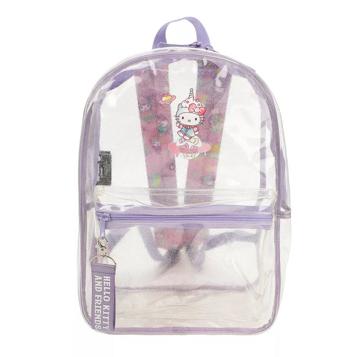 Clear backpack with purple straps and Hello Kitty design on a white background