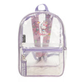 Clear backpack with purple straps and Hello Kitty design on a white background