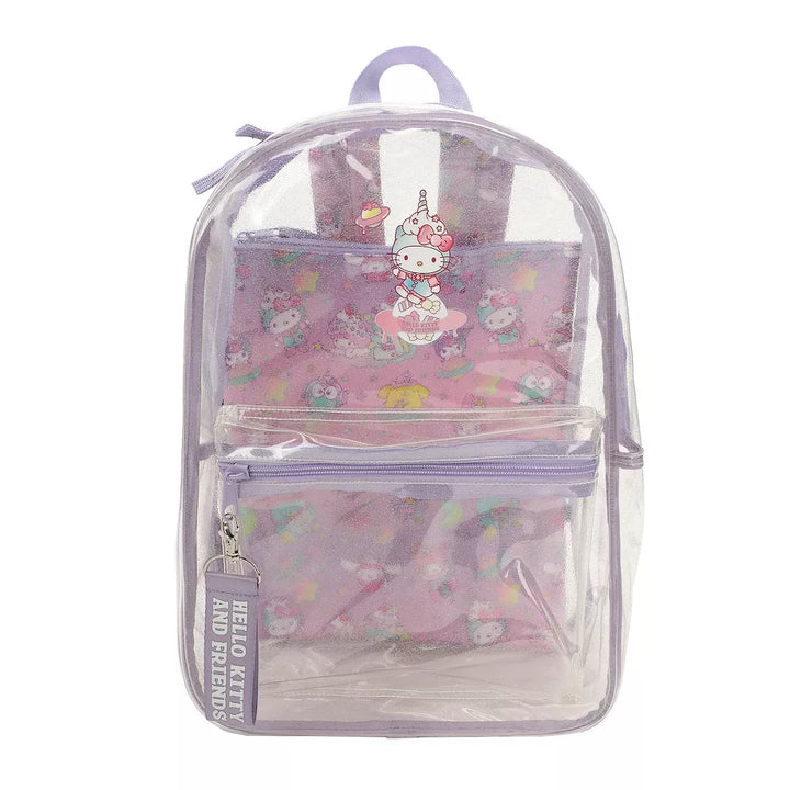 Clear backpack with pink interior and Hello Kitty and friends design on a white background