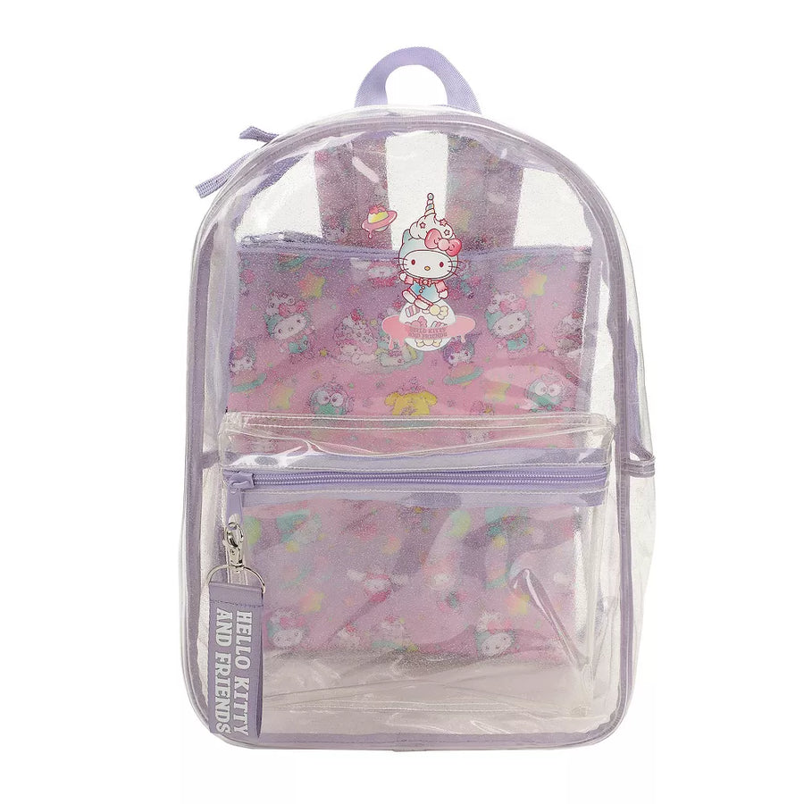 Clear backpack with pink interior and Hello Kitty and friends design on a white background
