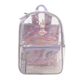 Clear backpack with pink interior and Hello Kitty and friends design on a white background