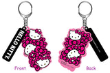 Front and back of Hello Kitty keychain with pink bows on a white background