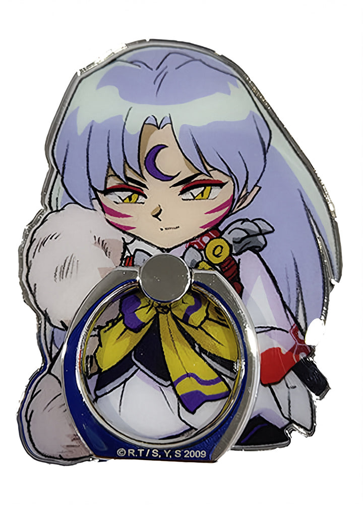 Anime character phone holder with purple white hair and white outfit on a white background