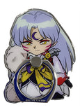 Anime character phone holder with purple white hair and white outfit on a white background