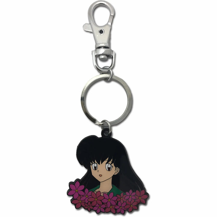 An anime keychain featuring a character with long black hair and pink flowers, attached to a silver metal split ring and lobster clasp, shown on a plain white background.