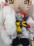 Plush toy with a white fur tail and colorful outfit on a light gray background