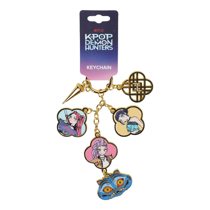 Keychain with character charms on a white background, featuring 'K-POP Demon Hunters' branding.