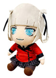 A chibi-style plush doll with off-white hair in twin tails, large blue eyes, and a red top with a black collar, seated against a plain white background.