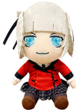 A plush doll with large blue eyes, short cream hair, and a red-and-black outfit, photographed on a plain white background.