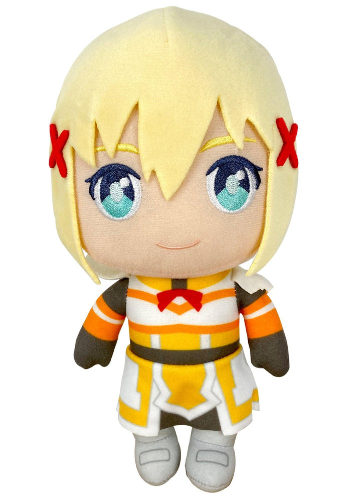 Plush toy of Konosuba Darkness anime character with blonde hair and blue eyes on a white background