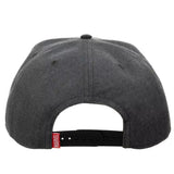 Back view of a dark gray heather snapback cap with a black adjustable strap and a small red Marvel logo tag.