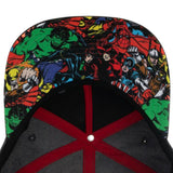 Colorful comic book character design on a cap's back with a gray and red brim.