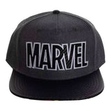A dark gray Marvel snapback cap with a black flat brim and a large embroidered 'MARVEL' logo on the front, shown against a plain white background.