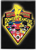 Mighty Morphin Power Rangers logo magnet with characters on a white background