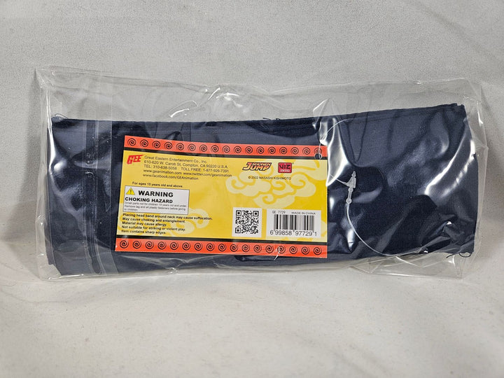 Back of Naruto Mist Village headband with licensing tag packaged in plastic on a white background