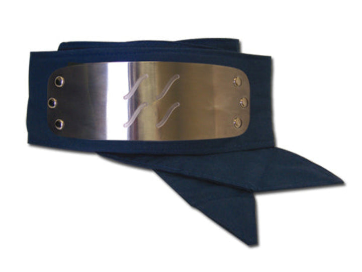 Naruto Mist Village headband with metal plate engraved with Mist Village symbol and packaged in plastic on a white background