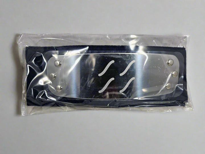 Naruto Mist Village headband with metal plate engraved with Mist Village Kirigakure symbol and packaged in plastic on a white background