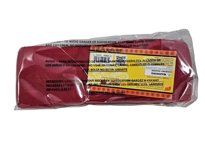 Back of Naruto Rock Lee red headband with licensing tag and packaged in plastic on a gray background