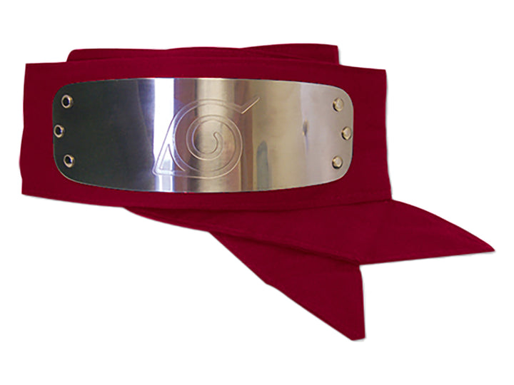 Naruto Rock Lee red headband with metal plate engraved with Leaf Village symbol and packaged in plastic on a white background
