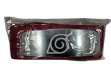 Naruto Rock Lee red headband with metal plate engraved with Leaf Village symbol and packaged in plastic on a white background