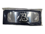 Metallic Naruto headband with Shinobi Allied Forces engraved with Japanese kanji characters in plastic packaging on a white background