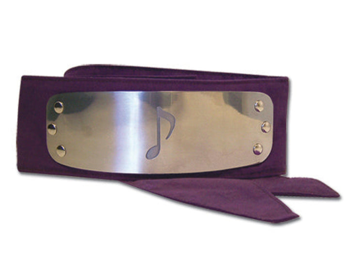 Naruto Sound Village purple headband with metal plate engraved with Otogakure Sound Village symbol and packaged in plastic on a white background