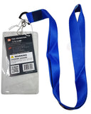 A royal blue satin lanyard with a black plastic clip and a clear plastic ID badge holder containing a black product card, shown on a white background.