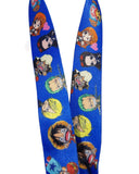A blue woven lanyard strap featuring a repeating pattern of colorful anime One Piece character faces, shown against a plain white background.