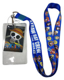 A One Piece Straw Hat Crew lanyard set featuring a blue printed strap with character graphics and white text, alongside a clear plastic ID badge holder containing a One Piece card.