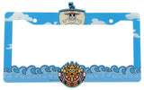 One Piece License plate frame with cartoon ship and skull design on a blue background