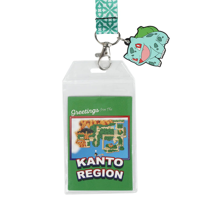 Lanyard with a badge holder featuring a map of Kanto Region from Pokémon and a Bulbasaur charm on a white background.