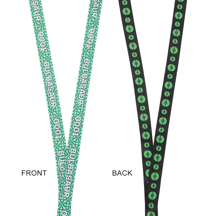 Front and back of Pokémon Lanyard, front side has green with white text "Bulbasaur 0001" and the back with green Pokeball design, on a white background.