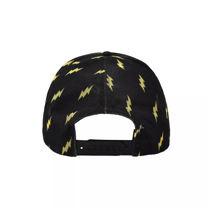 Black cap with yellow lightning bolt patterns on a white background