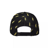 Black cap with yellow lightning bolt patterns on a white background