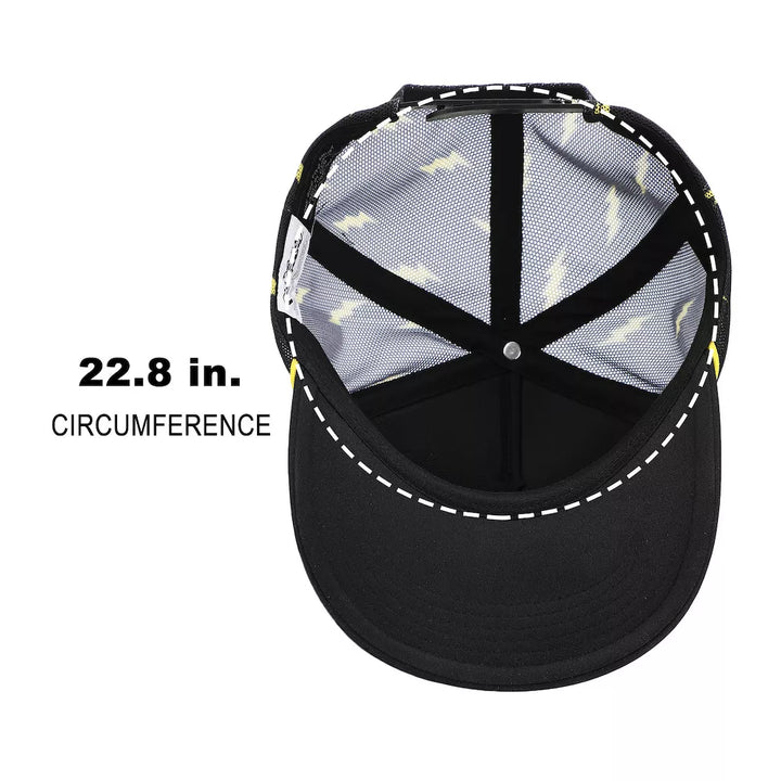 Black baseball cap with mesh back and measurement text on a white background