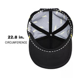 Black baseball cap with mesh back and measurement text on a white background