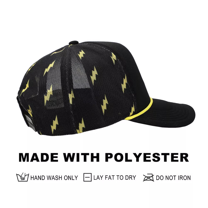 Black cap with yellow lightning bolt patterns on a white background
